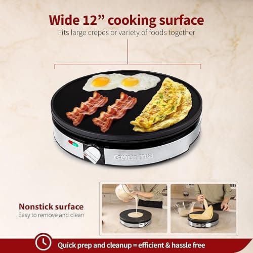Gourmia 12” Crepe Maker – Nonstick Electric Griddle for Pancakes, Omelets & More, Precise Temp Control with Indicator Lights, Includes Spatula & Batter Spreader, Quick Cleanup, Stainless Steel Trim thumbnail 4