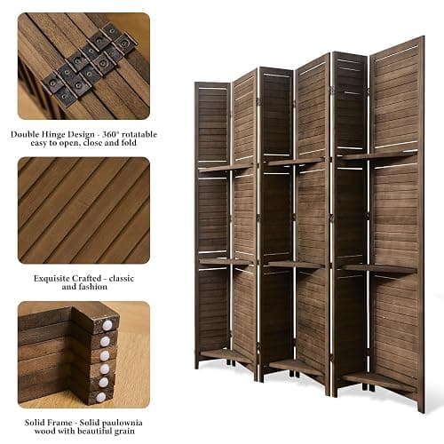 Partition Room Dividers, Folding Wood Privacy Screen with Three Display Shelves Suitable for Home Office, Study, Art Display - 6 Panel, 67 * 77inch (Brown) thumbnail 4