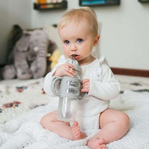 Dr. Brown's Milestones Narrow Sippy Straw Bottle, Spill-Proof with 100% Silicone Handles and Weighted Straw, 8 oz/250 mL, Gray & Blue, 6m+ thumbnail 8