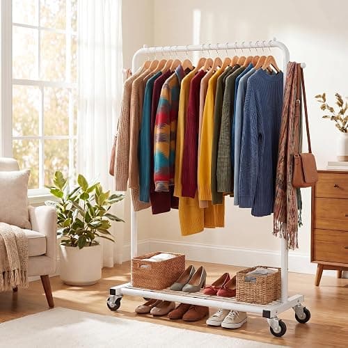 Sywhitta Metal Clothing Rack on Wheels with Mesh Shelf, for Clothes,White | Rolling Garment Rack for Hanging Clothes, Coats, Skirts, 39.76" L x 16" W x 63.78" H,Space-Saving Mobile Organizer for Closet thumbnail 6