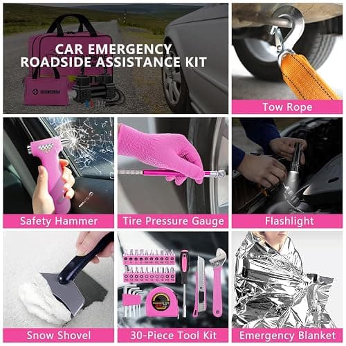 HLWDFLZ Car Emergency Kit with Portable Air Compressor - Roadside Assistance Emergency Kit with Jumper Cables, First Aid Kit, Auto Tool Set, Winter Safety Kit for Women, Men, Teen (Pink) thumbnail 8