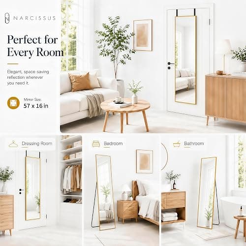 NARCISSUS Full Length Mirror 57x16 Inch, Over The Door Mirror with Stand, Wall Mounted or Freestanding/Door Hanging Full Body, Aluminum Alloy Frame, Gold thumbnail 4