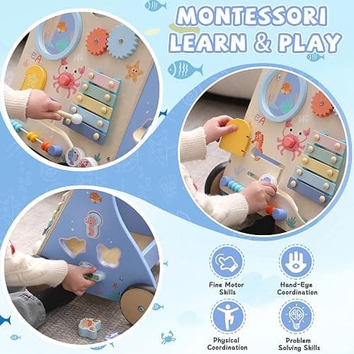 Ocean-Themed Wooden Baby Walker with Activity Center, Montessori Push Walker Toy for Babies 18 Months, Safe First Steps Baby Walking Aid for Boys & Girls thumbnail 6