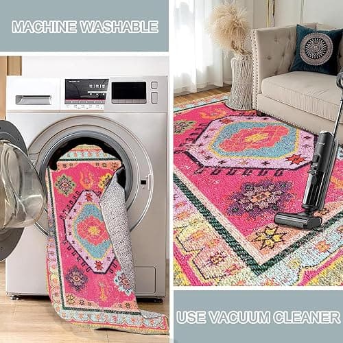 5x7ft Area Rugs Living Room Rug Pink Washable Vintage Boho Rug No Slip Stain Resistant Carpet Floor Carpets for Bedroom Dining Room Farmhouse Hallway Home Office thumbnail 5