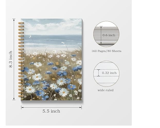 Poecinv Blue and White Floral Spiral Journal Notebook 5.5x8.3, Daisy Notebook Journal Hardcover for Women, Daisy Gifts for Daisy Lovers Women. - Daisy thumbnail 3