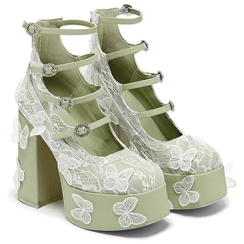 KISTANIA Women's Platform Chunky Heels with Lace Butterfly Square Toe Ankle Strap Mary-Jane Platform Pumps - Image 1