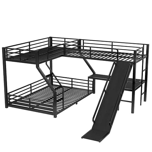 Bellemave Triple Bunk Beds, L-Shape Twin XL Over Queen Bunk Bed Attached a Loft Bed with Desk, Triple Bunk Bed with Slide and USB Ports, Metal Corner Bunkbed Frame for Three Boys Girls Teens, Black thumbnail 6
