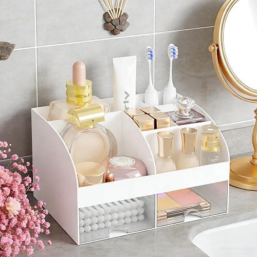 Makeup Organizer with 2 Drawers, Cosmetic Storage for Dresser Vanity and Bathroom Countertop,Make up organization and Skincare Storage with Beauty Brush Holder, Cosmetic Display Case (White) thumbnail 6
