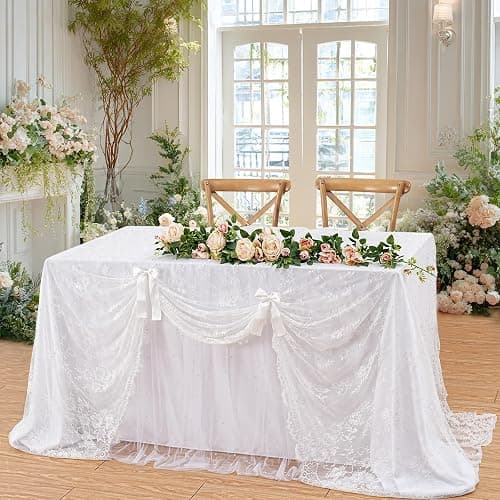 B-COOL White Lace Tablecloth 5 Pack 60 x 120 Inch Wedding Table Cloth Rustic Table Overlay Sheer Table Cloths for Vintage Party Thanksgiving Floral Fall Table Decoration thumbnail 2