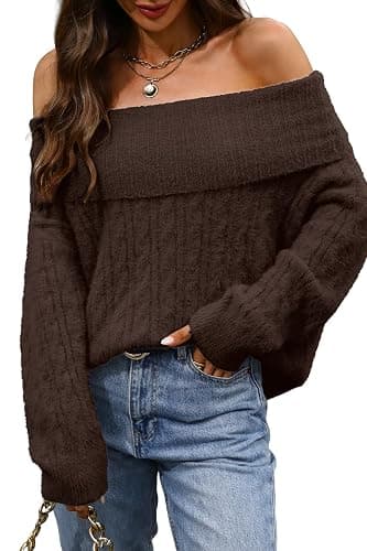 ELLEVEN Women’s Off Shoulder Cable Knit Sweater, Soft Oversized Pullover for Casual Fall Winter Outfits thumbnail 7