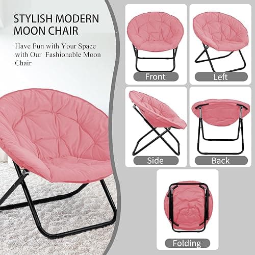 GREZJXC Saucer Chair for Adults,Kids, Round Chair Folding Chiar for Bedroom, Dorm & Gaming, Foldable Comfy Accent Seat for Small Spaces, Thick Padded Black Meatal Frame (Pink) thumbnail 5