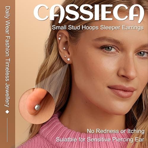 CASSIECA 9 Pairs Earrings for Women, 316L Surgical Steel Earring Set 14K Gold Hoops Earrings Stud Earrings Hypoallergenic Cartilage Huggie Hoop Tragus Piercing Jewellery - 9 Pairs- Silver thumbnail 2