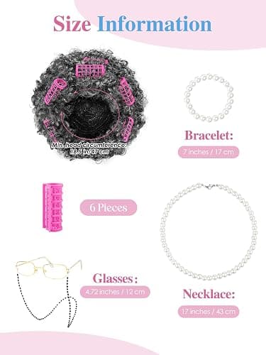 URATOT 5 Pieces Halloween Old Lady Wig Costume Set Grandma Wig Hair Rollers Glasses Chain Necklace Bracelet thumbnail 4
