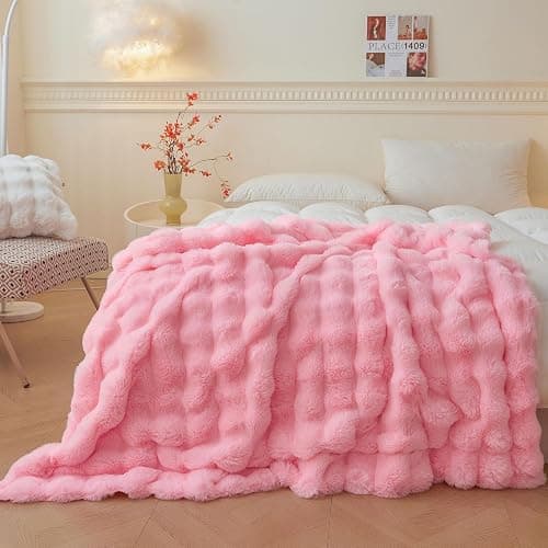 LIFEREVO Luxury Fluffy Faux Rabbit Fur Throw, Plush Fuzzy Bubble Waffle Blanket for Couch Sofa, Soft Cute Furry Blanket Home Decoration, Shaggy Lap Throw for Bedroom Living Room Office, 50x60, Pink - Image 1