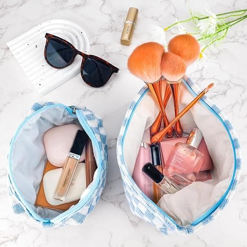 ZLFSRQ 2Pcs Checkered Makeup Bag for Women Large Small Checkered Cosmetic Bag Set Aesthetic Preppy Pencil Case Cute Pencil Pouch Blue Makeup Pouch for Purse Travel Toiletry Bags Zipper Skincare Bags thumbnail 2