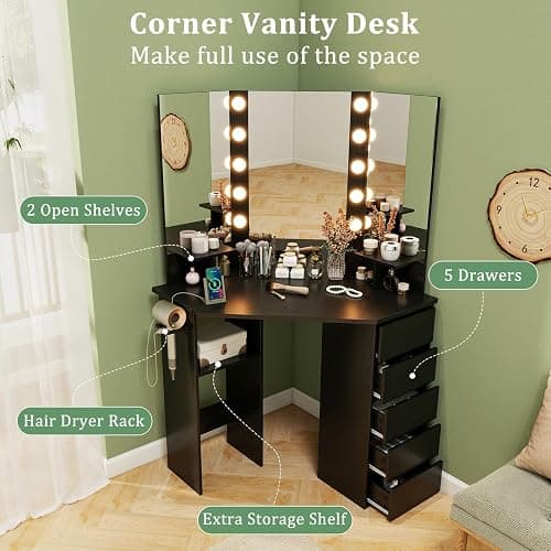 CHARMAID Corner Vanity Desk with Mirror and Lights, Black Makeup Vanity Table with 5 Drawers, Storage Shelves, Charging Station, 3 Lighting Modes, Compact Vanity Dressing Table for Small Space thumbnail 5
