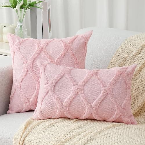 decorUhome Spring Throw Pillow Covers 12x20 Inch Set of 2, Soft Plush Faux Fur Wool Lumbar Light Pink Couch Pillow Covers, Decorative Neutral Pillow Cases for Bed Sofa Living Room Valentines Decor thumbnail 5