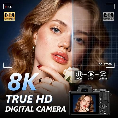 8K 88MP Digital Camera WiFi Cameras for Photography with 3.2" Touchscreen | 16X Zoom, Autofocus, Professional Dual Camera, Anti-Shake, 2 Batteries & Charging Stand, 64GB Card, Flash, Lens Hood thumbnail 3
