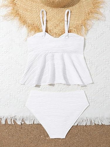 OYOANGLE Girl's 2 Piece Tankini Swimsuit Textured Twist Front Ruched Ruffle Bikini Set Bathing Suits thumbnail 3