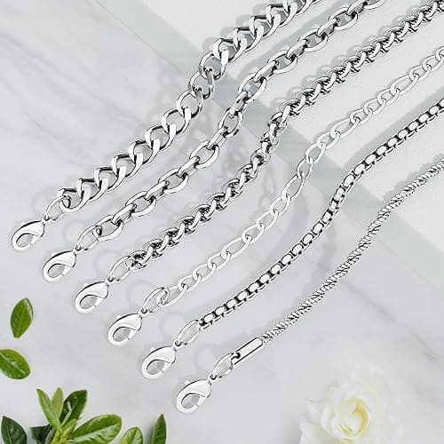 6PCS Stainless Steel Bracelets for Men, Silver Gold Black Sturdy Cuban Link Box Rope Wheat Chain Paperclip Figaro Bracelet for Women Men Jewelry Set thumbnail 4