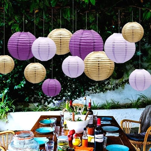 Purple Paper Lanterns Decorative Hanging Round Chinese Lanterns Lavender Purple Gold Wedding Bachelorette Engagement Baby Bridal Showers Birthday Decoration Indoor Outdoor 14PCS thumbnail 5