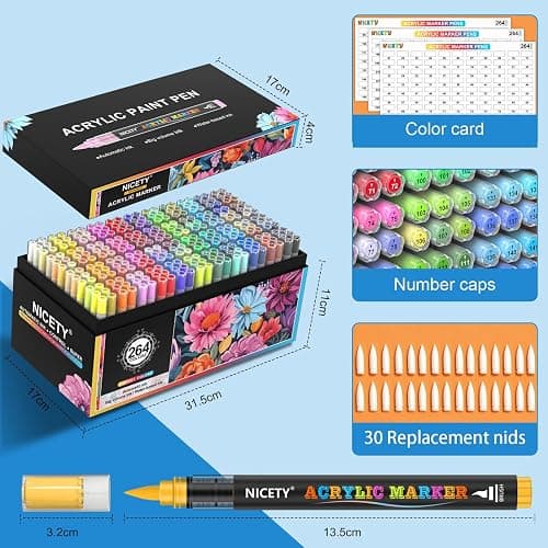 NICETY Set de 264 Feutres Acryliques à Pointe Pinceau - Marqueurs Peinture à l'Eau Multi-Supports pour Pierre, Bois, Céramique, Verre - Pointe Flexible 1-6mm pour Artistes, Débutants et Adultes thumbnail 2
