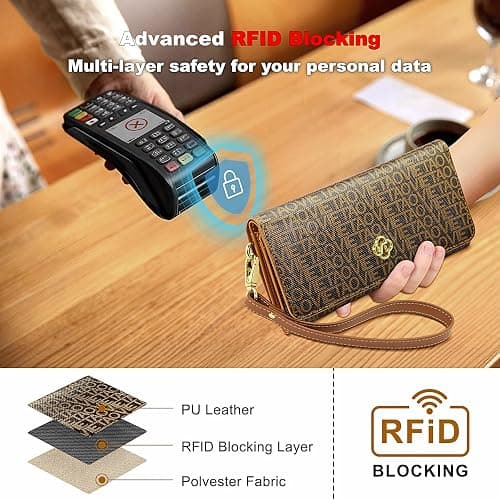 VelaStyle Womens Wallet, RFID Blocking Wristlet Wallets for Women, Large Capacity Leather Clutch Purse for Ladies Daily Use and Travel, Card & Phone Holder - Brown thumbnail 3
