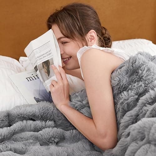 CozyBloom Luxury Soft FauxFur Throw for Couch - Decorative Cozy Plush Long Shaggy Fluffy Grey Solid Comfy Fleece Furry Reversible Puffy Thick Warm Blanket - 50''X60'' (JF003) thumbnail 3