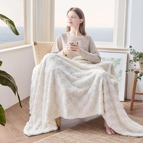 NEWCOSPLAY Super Soft Queen Blanket Ivory Premium Silky Flannel Fleece 3D Checkered Lightweight Bed Blanket All Season Use (Ivory Checkered, Queen(90"x90")) - Ivory Checkered - Queen(90"x90") thumbnail 4