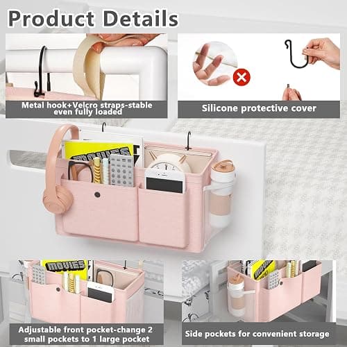 Bedside Caddy Bedside Organizer with Fixed Straps & Water Bottle Holder, Bunk Bed Caddy ideal for Home, Dorm, Hospital, Crib, Versatile Bedside Storage Solution (Pink) thumbnail 5