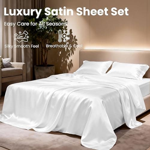 Love's cabin Full Size Satin Sheet Sets - 4 Piece White Silky Satin Sheet Set Full with Deep Pocket, Luxury Silk Feel Satin Bed Sheets Full Bedding Set (1 Flat Sheet,1 Fitted Sheet,2 Pillow Cases) thumbnail 8