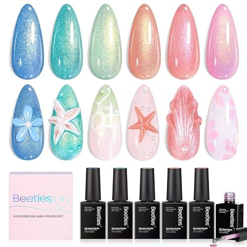 Beetles Glitter Gel Nail Polish Set, Starfish Gleam Summer Pastel Sparkly Gel Polish Set, 6 Colors Blue Pink Nude Shimmer Soak Off Uv Gel Nail Polish for DIY Nail Art Salon Gifts for Women - Image 1