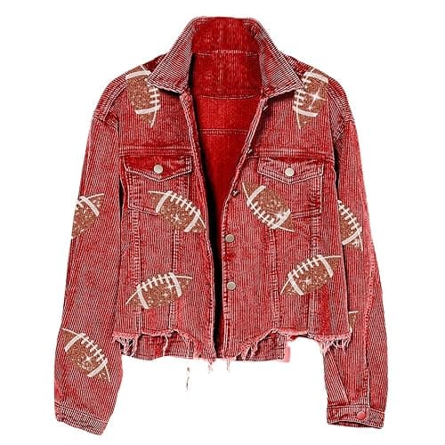 Xunger Women’s Football Corduroy Sequin Jacket Cropped Distresses Rugby Patched Shacket Coat - Image 1