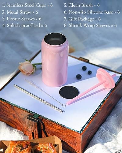 UIRZOTN 6 Pack Glass Cups With Lids and Straws, 16oz Stainless Steel Cup for Beer, Iced Coffee, Smoothie, Whiskey, Soda, Tea, Water - Sublimation With Coaster thumbnail 3