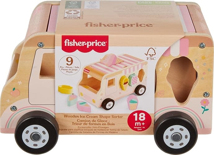Fisher-Price Wood Toddler Toy Ice Cream Truck Shape Sorter Set, 9 Wooden Pieces for Developmental Play Kids Ages 18+ Months - Image 1