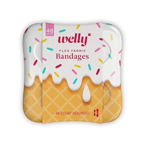 Welly Bandages | FSA Eligible | Adhesive Flexible Fabric Bravery Badges | Assorted Shapes for Minor Cuts, Scrapes, and Wounds | Colorful and Fun First Aid Tin | Ice Cream Patterns - 48 Count - Image 1