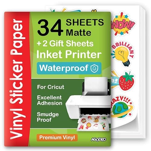 Premium Printable Vinyl Sticker Paper for Inkjet Printer - 34 Sheets Self-Adhesive Sheets Matte White Waterproof, Dries Quickly Vivid Colors, Holds Ink Well - Tear Resistant - Image 1