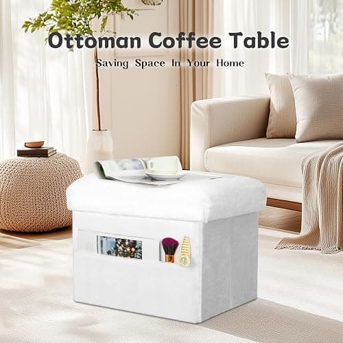 FaiPue Storage Ottoman Cube, Small Ottoman with Storage with Thicker Furry Padded Seat. Folding Soft Fur Foot Rest Stool for Living Room Bedroom, Holds Up to 300 lbs, 17x13x13IN (White) thumbnail 4