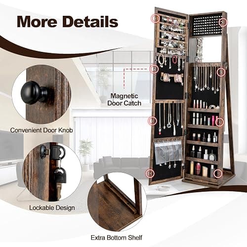 CHARMAID Jewelry Armoire with Full Length Mirror, Lockable Standing Jewelry Cabinet Organizer with Large Storage Capacity, Inside Makeup Mirror, Stable Base, Easy Assembly (Rustic Brown) thumbnail 5