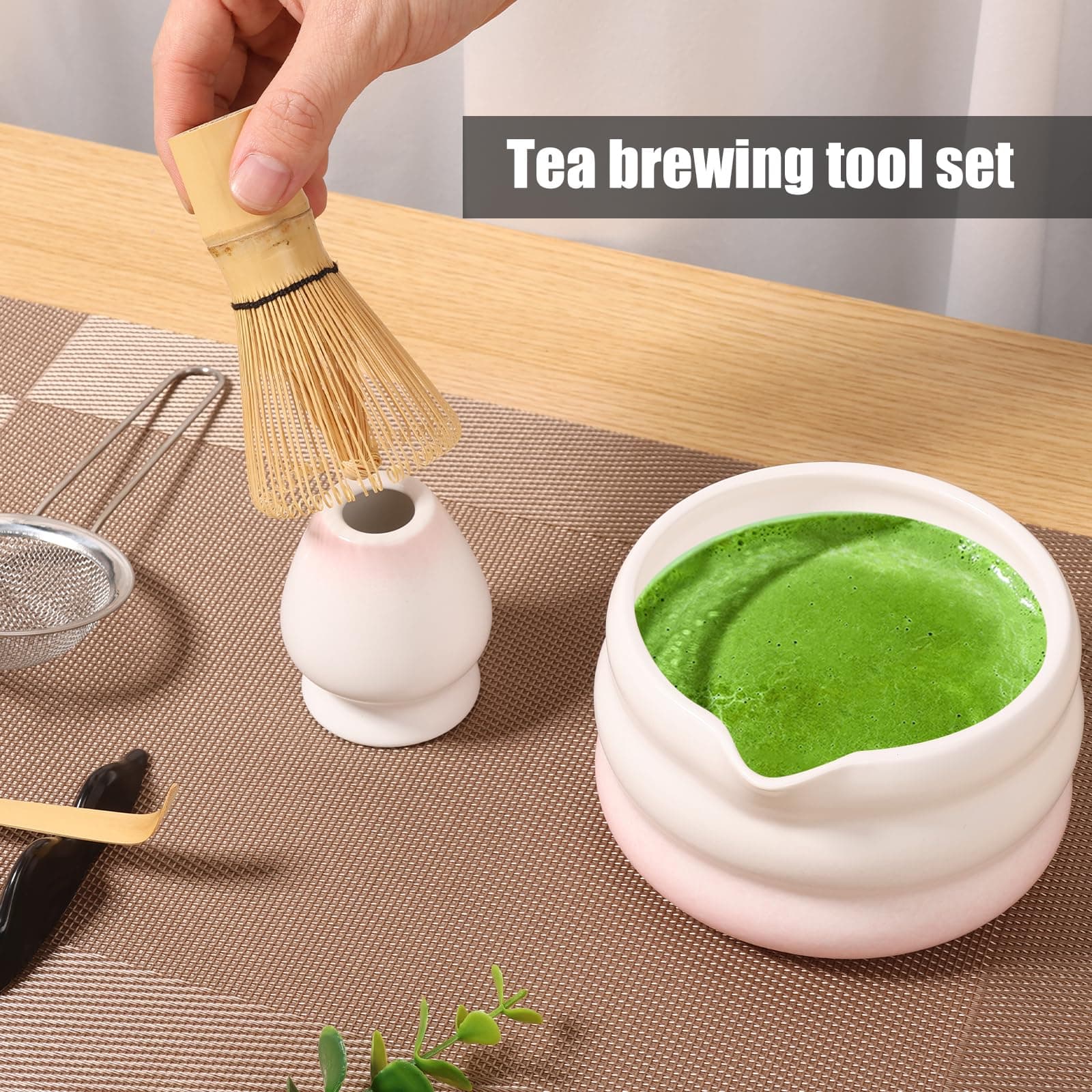 Japanese Matcha Tea Set, Easy to Use, Elegant Green Kit, Smooth Help Relaxing Japanese Tea Making Set, for Matcha Tea Ceremony Home Use (Pink) - Pink thumbnail 2