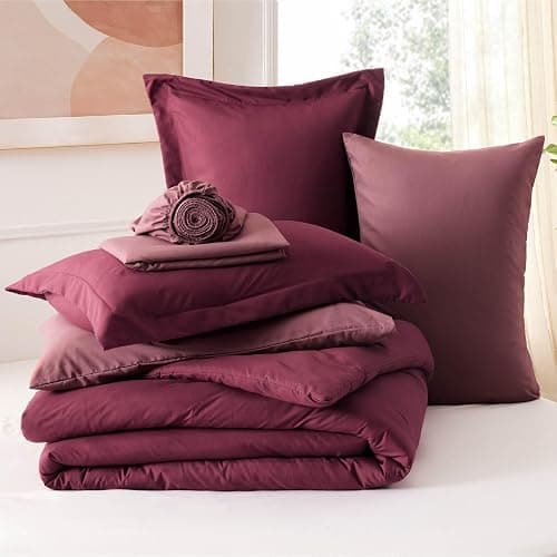 Bedsure Full Size Comforter Set - 7 Pieces Burgundy Full Bedding Set for All Seasons, Boho Contrasting Design Bed in a Bag with Comforter, Sheets, Pillowcases & Shams thumbnail 7