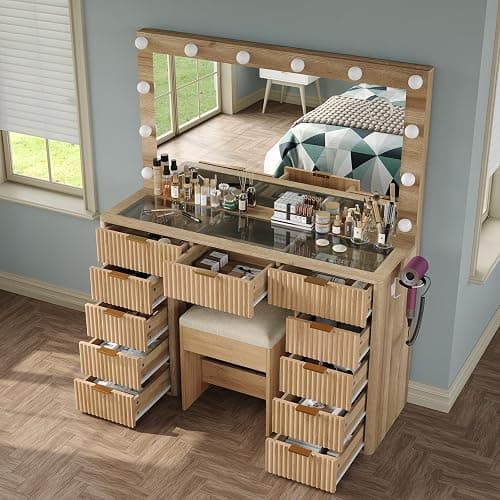 Cozynome 47" Vanity Desk with 3-Color LED Mirror & 11 Drawers, Fluted Makeup Vanity with Glass Top, Charging Station (2 Outlets, 2 USB), Includes Vanity Stool, for Bedroom, Natural thumbnail 3