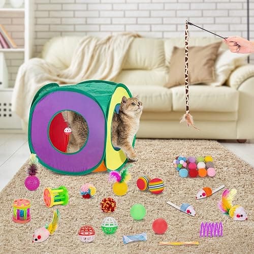 Retro Shaw 33 Pcs Cat Toys Set, Interactive Kitten Toys for Indoor Cats Kitty with Collapsible Play Tunnel Tent, Feather Teaser Wand Bell Balls Springs Mouse Toys for Boredom Relief & Exercise thumbnail 4