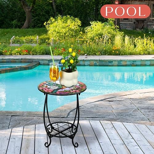 Cinnvoice Outdoor Side Table Round Small Mosaic Patio Accent Indoor End Plant Metal Coffee Tea Table for Yard Porch Garden Patio Living Room, Bedroom(Hummingbird Style,14 Inch) thumbnail 4