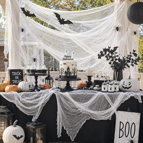 5 Pcs White Halloween Gauze Creepy Cloth Fabric Tapestry Decor Decorations | 72 x 30 inch White Halloween Decor, Indoor Outdoor Halloween Spooky Decorations for Home Wall Table Yard Haunted House Party thumbnail 5
