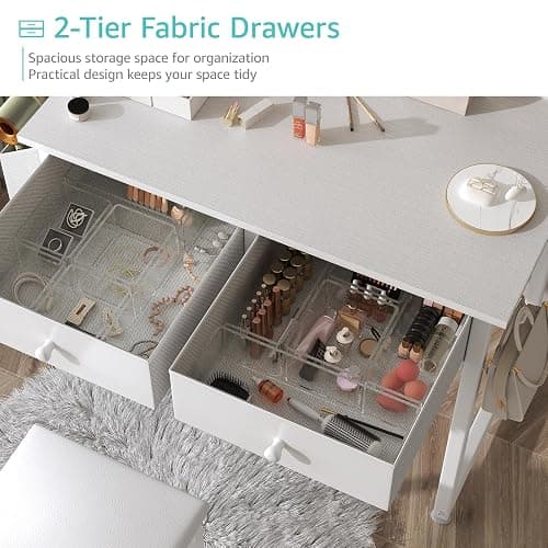 KAI-ROAD White Makeup Vanity Desk No Mirror with Chair, Small Vanity Table Set with Fabric Drawers, Power Outlet & Chair Without Mirror, Modern Make Up Desk for Girls Bedroom thumbnail 8