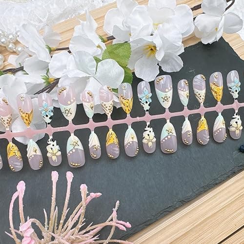 30pcs French Tip Press on Nails Medium Almond Fake Nails with 3D Floral Gold Star Pearl Design Summer False Nails Flower Acrylic Nails Full Cover Glue on Nails for Women Nail Decorations thumbnail 2