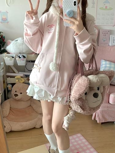 Women Kawaii Zip Up Hoodie Girls Cute Sheep Cartoon Embroidery Harajuku Long Sleeve Hooded Pullover Sweatshirt thumbnail 6