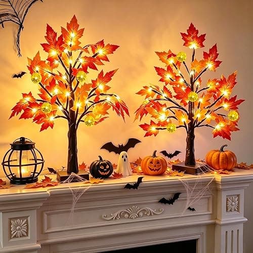 TURNMEON Fall Decor 2 Pack 18 Inch Prelit Fall Maple Tree 48 LEDs Timer | Halloween Fall Decorations for Home Battery Operated Pumpkin Lights Lighted Thanksgiving Decor Table Mantle Indoor Outdoor thumbnail 4