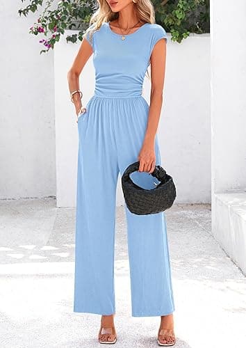 PRETTYGARDEN Summer Jumpsuits 2025 Ribbed Cap Sleeve Wide Leg Pants Women's Rompers Elegant Casual Trendy Vacation Outfits  - Light Blue - Small thumbnail 3
